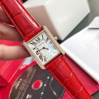 TW Factory Cartier Tank 762 Quartz Movement RG Case Diamond Bezel Red Crocodile Leather Strap Watch